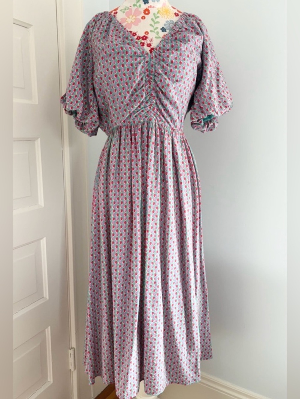 In The Beginning Midi Dress. Pink Green Red Medium Cottagecore NWOT